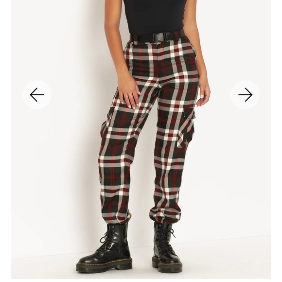 TARTAN TWILIGHT CARGO PANTS  LIMITED SIZE 10 NWOT BLACK RED WHITE BLACKMILK BM - Picture 1 of 7